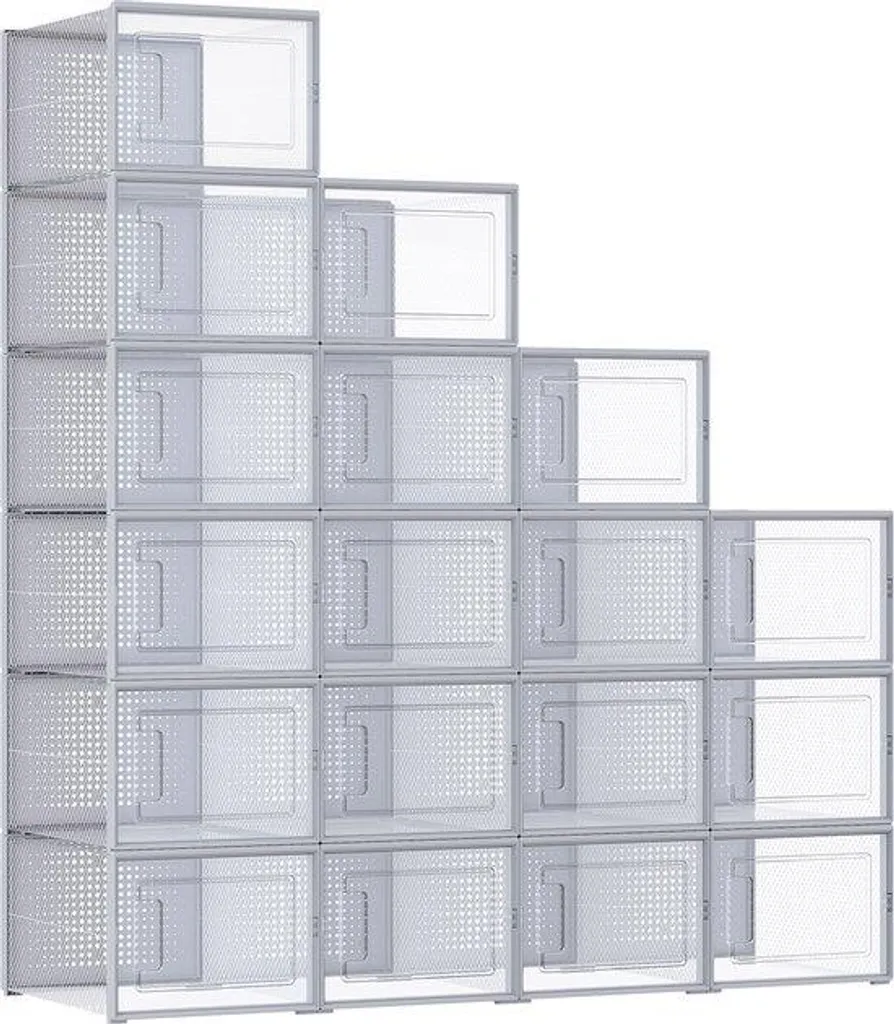 Organisateur de chaussures transparent gris, lot de 18 bacs empilables