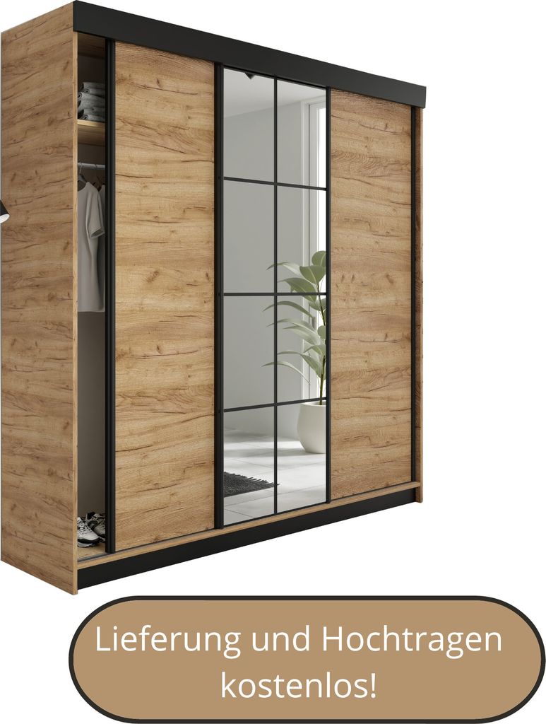 LAMARO Schiebetürenschrank 200x205 Schrank Kleiderschrank Garderobe, mit Kleiderstangen und Fächern, mit Spiegel, 3-türig - Goldene Eiche