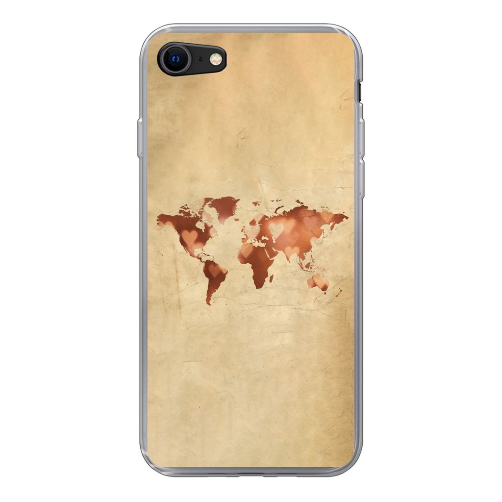 MuchoWow Handyhülle Schutzhülle Hülle für iPhone 7 Weltkarte - Herz - Braun Silikon Softcase Handy Hülle - Kartenhalter