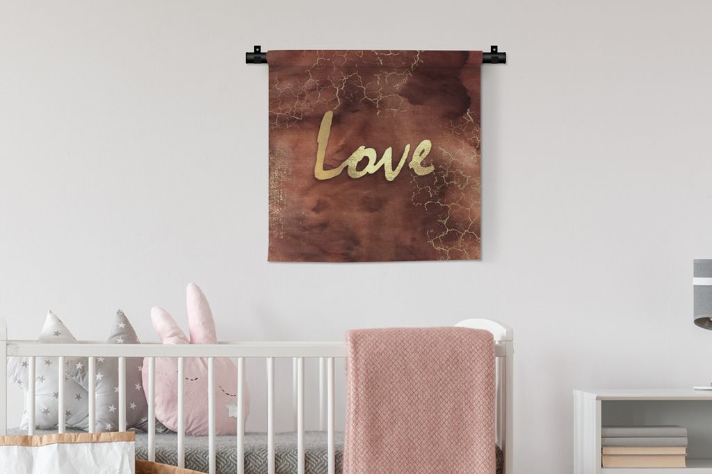 MuchoWow Wandteppich Wandbehang Zitat - Liebe - Braun - Gold 60x60 cm Tapisserie Dekoration Wandtuch - Dekorationen - Wand Decke