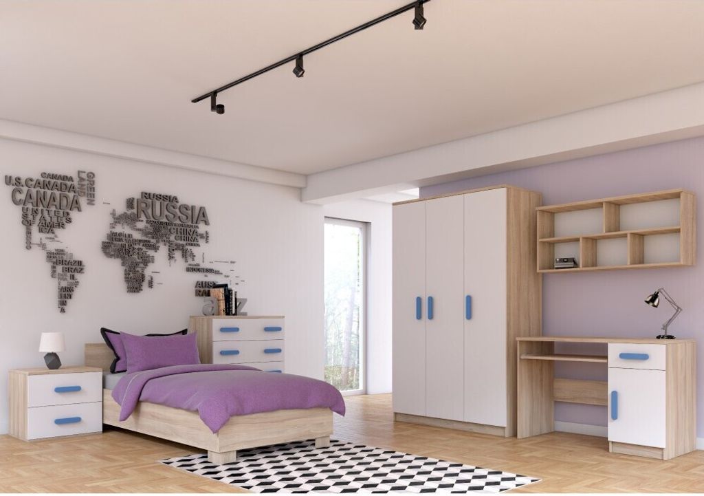 Kinderzimmer-Set Bett Schrank Wandregal Kommode Schreibtisch Nachttisch Sonoma/Weiß mit blaue Griffe und Matratze JONAS IV 03