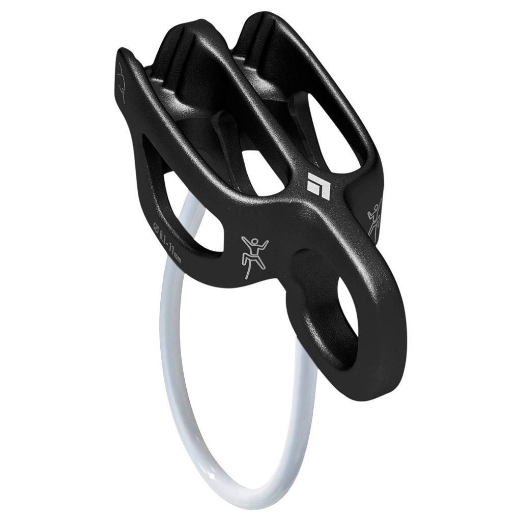A black climbing belay device with a white rope loop.