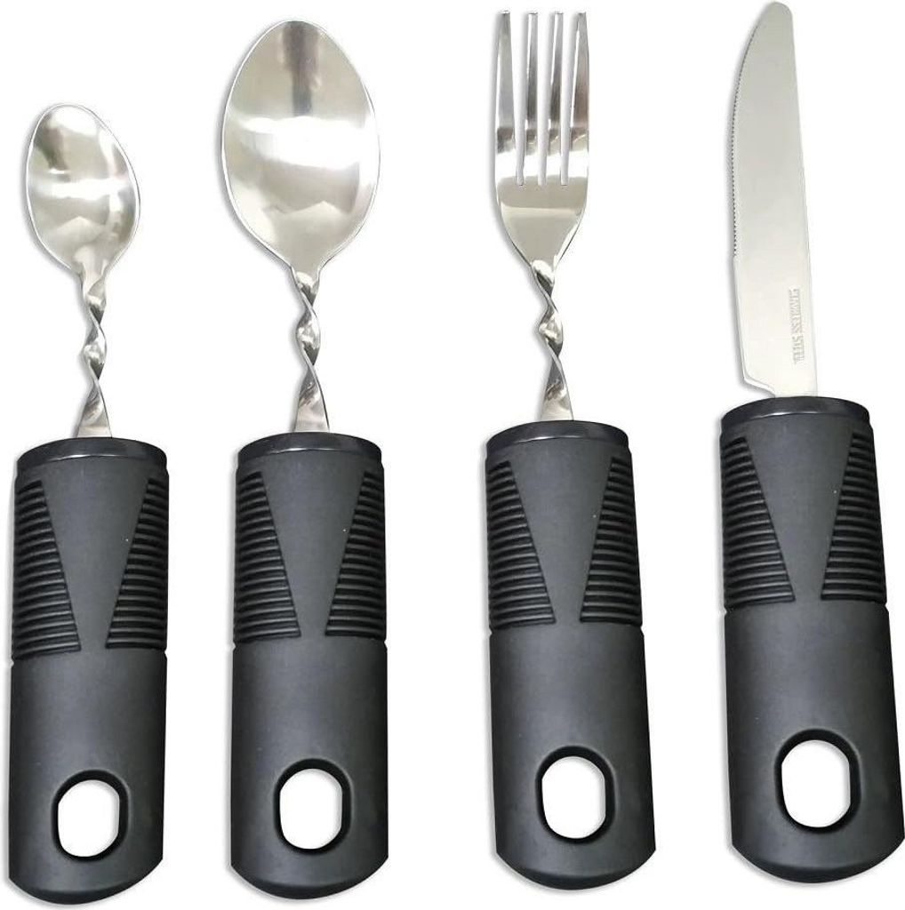 Besteck-Set, 4 teiliges Parkinson Besteck mit dickem Griff,Schwarz1 Personen, Biegbar Hilfsmittel Besteck für Senioren,Arthritis Patienten