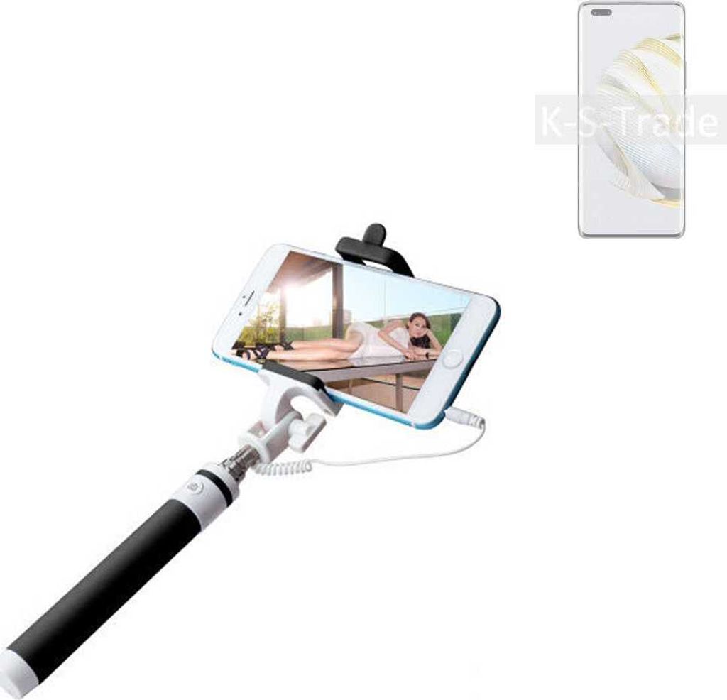 K-S-Trade Selfie Stick kompatibel mit Huawei nova 10 Pro Selfiestick kabelgebunden Monopod mit Kabel Stab Stange Selfportrait Handheldstick schwarz