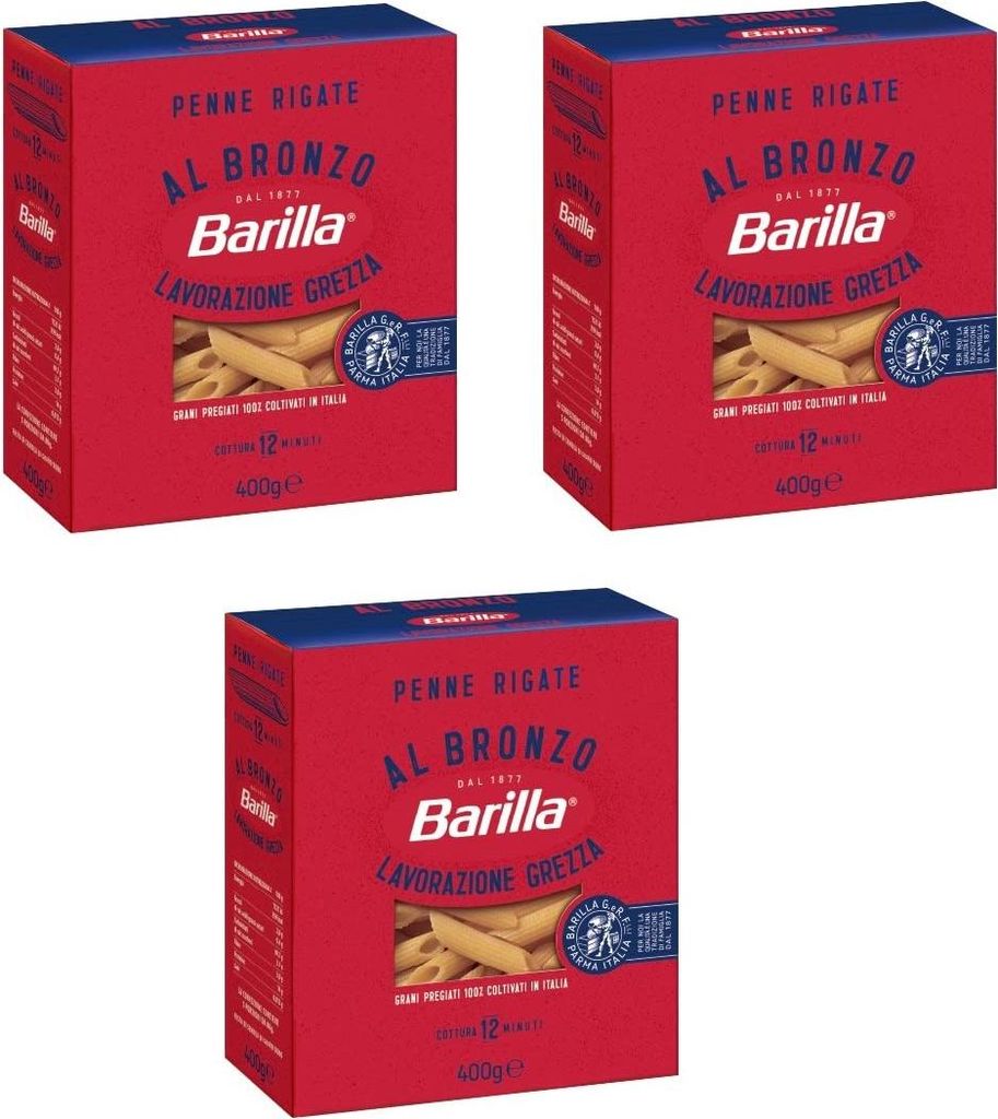 3x Barilla Penne Rigate al Bronzo Bronze Gezogene Pasta 400g Rohe Verarbeitungsmethode