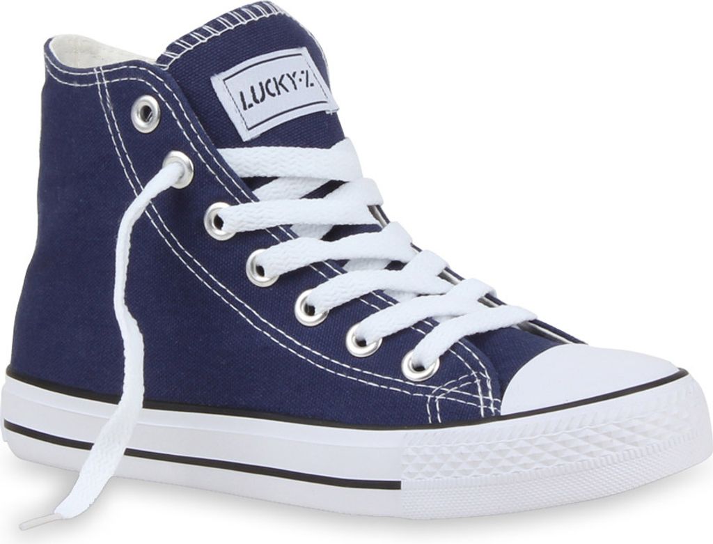 Mytrendshoe Damen High Top Sneakers Sportschuhe Kult Schnürer 94589, Farbe: Dunkelblau Lucky, Größe: 36