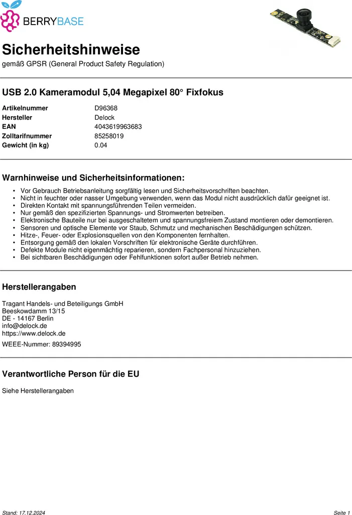 Module de Caméra Embarquée USB 5.04 Megapixel avec Capteur CMOS Delock