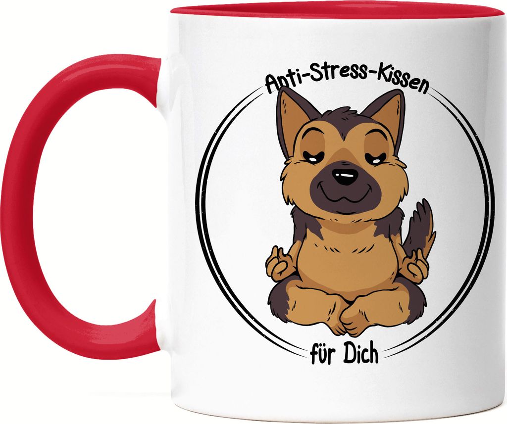 Anti-Stress Tasse Rot Meditation Lustig Spruch Ironie Schäfer-Hund Geschenk-Idee Bürokollegen Chillen Yoga