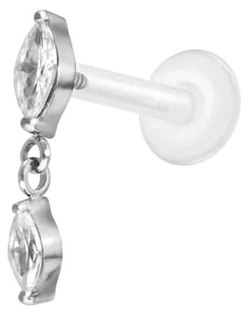 Ohrpiercing, Nasenpiercing PTFE Labret mit Innengewinde + Titan-Aufsatz 2 KRISTALLTROPFEN Silber Stablänge: 9mm | Stabstärke: 1,2mm