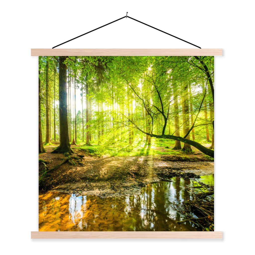 MuchoWow Textilposter Wald - Landschaft - Wasser - Bäume - Sonne - Grün - Natur 60x60 cm mit holzfarbenen Rahmen - Wanddekoration