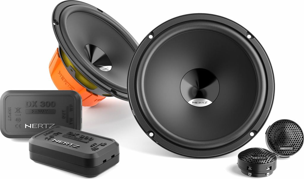 A set of car audio speakers and related components are displayed on a white background.