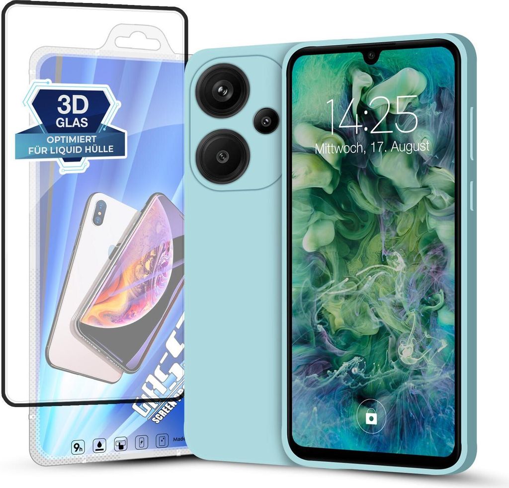 Hülle für Xiaomi Redmi Note 13 Pro+ 5G mit 9H Displayglas Displayschutz Plus Case Cover Bumper Silikon Softgrip Schutzhülle Farbe: Hellblau