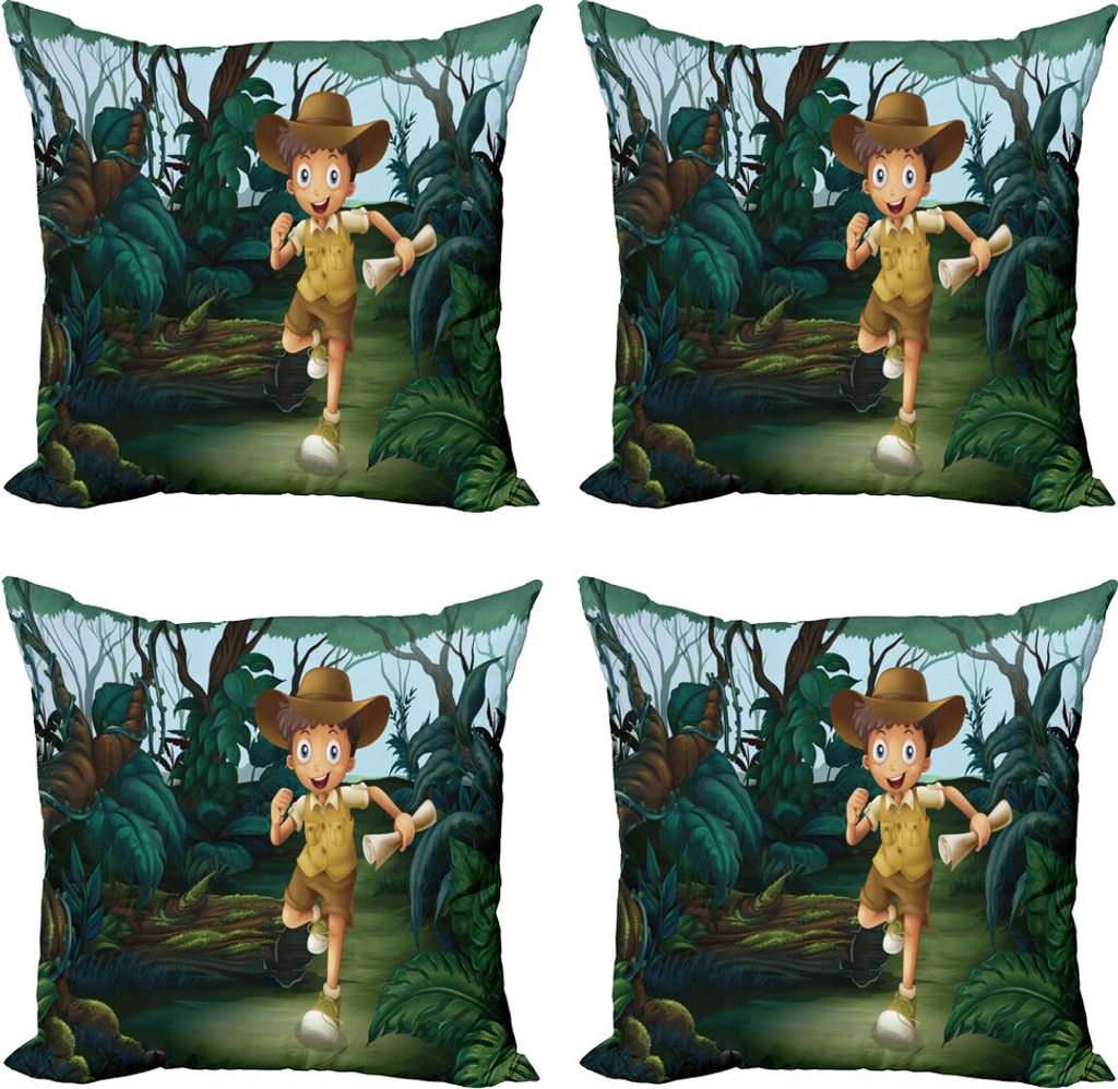 ABAKUHAUS Bunt Kissenbezug Set (4 Stück), Kid Laufen in Woods, Moderner Doppelseitiger Digitaldruck, 45 cm x 45 cm, Forest Green Dunkel Teal