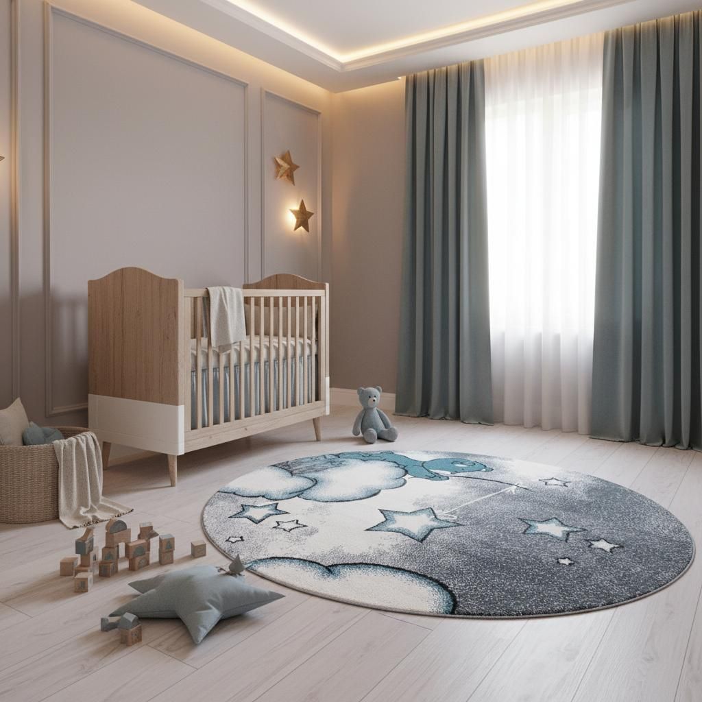 Spielteppich Bären-Motiv Bunt Waschbar Strapazierfähig | Rund Blau 120x120 cm Spielzimmer Fußbodenheizung geeignet | LAGO – Kadima Design