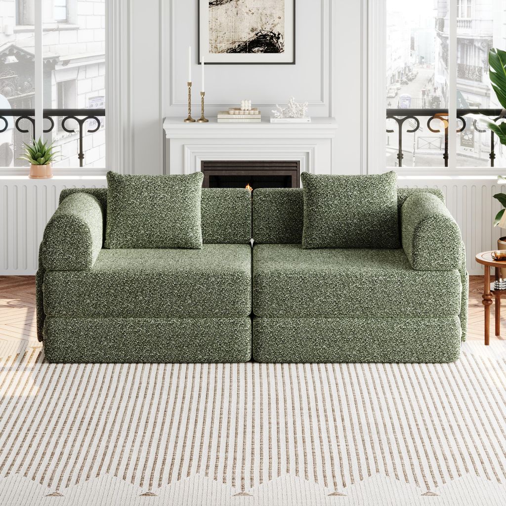 Chenille Schlafsofa 2-in-1 Modularsofa, Ecksofa mit Armlehnen-Staufach, Vielseitig konfigurierbarer Schlafcouch mit rutschfester Unterlage, Grün