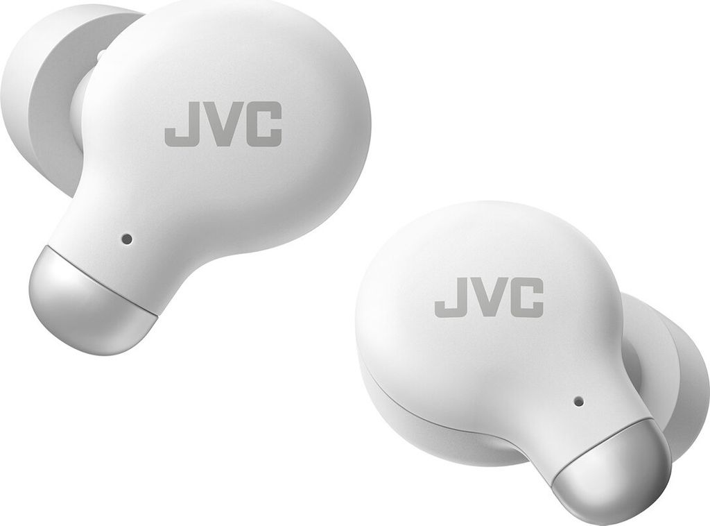 A pair of white JVC wireless earbuds.