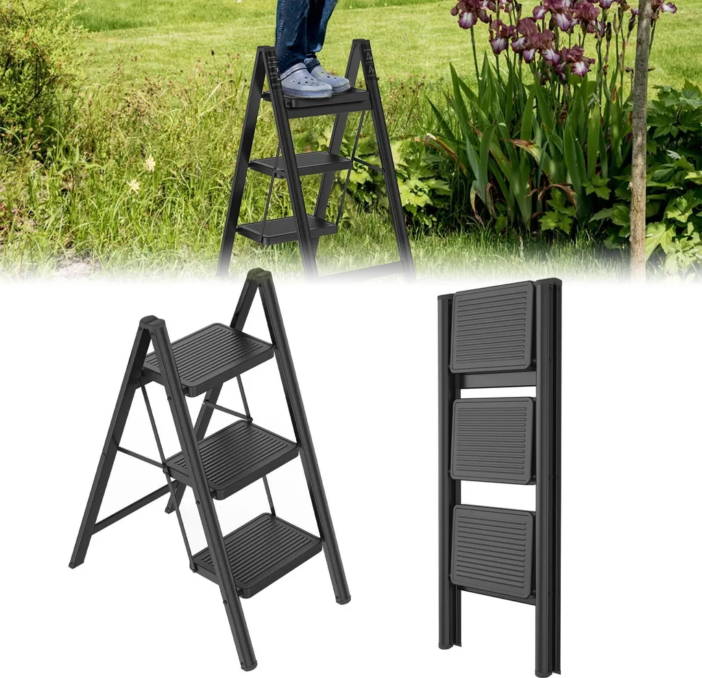 TWOLIIN Escabeau Pliable 3 Marches Noir en Acier - Supporte jusqu'à 270kg