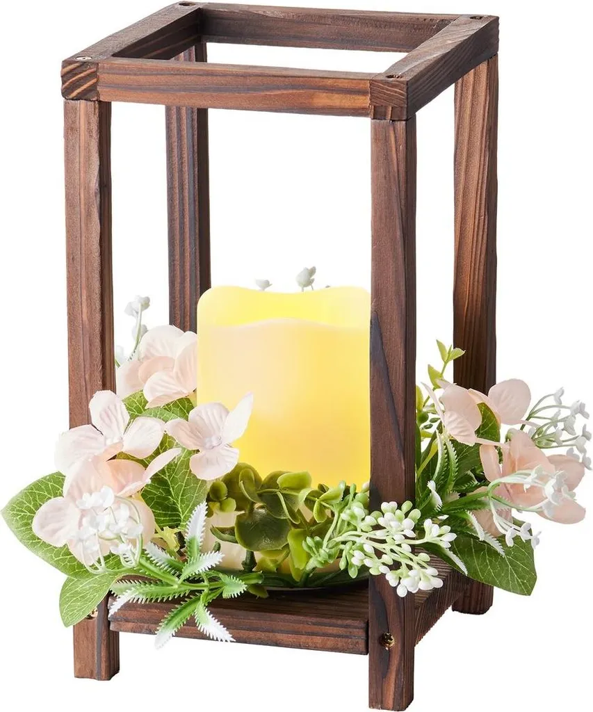 10 set/30 pezzi Centrotavola con lanterne di legno per matrimoni, include 10 portacandele in legno, 10 candele LED senza fiamma, 10 ghirlande di fiori color champagne per tavoli di matrimoni, feste e decorazioni in stile rustico, marrone