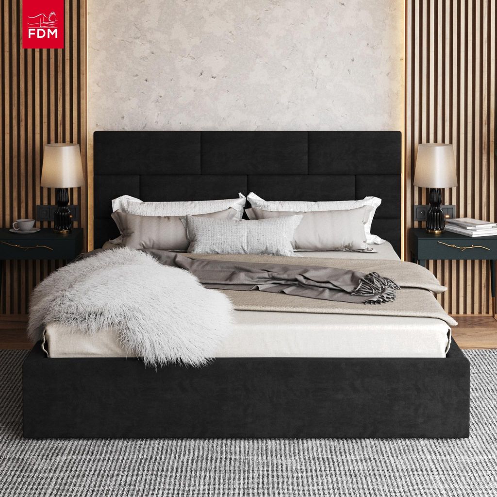 FDM Bett ALA Trinity 120x200 cm Polsterbett mit Lattenrost aus Metall Bettkasten Stauraumbett Samt schwarz