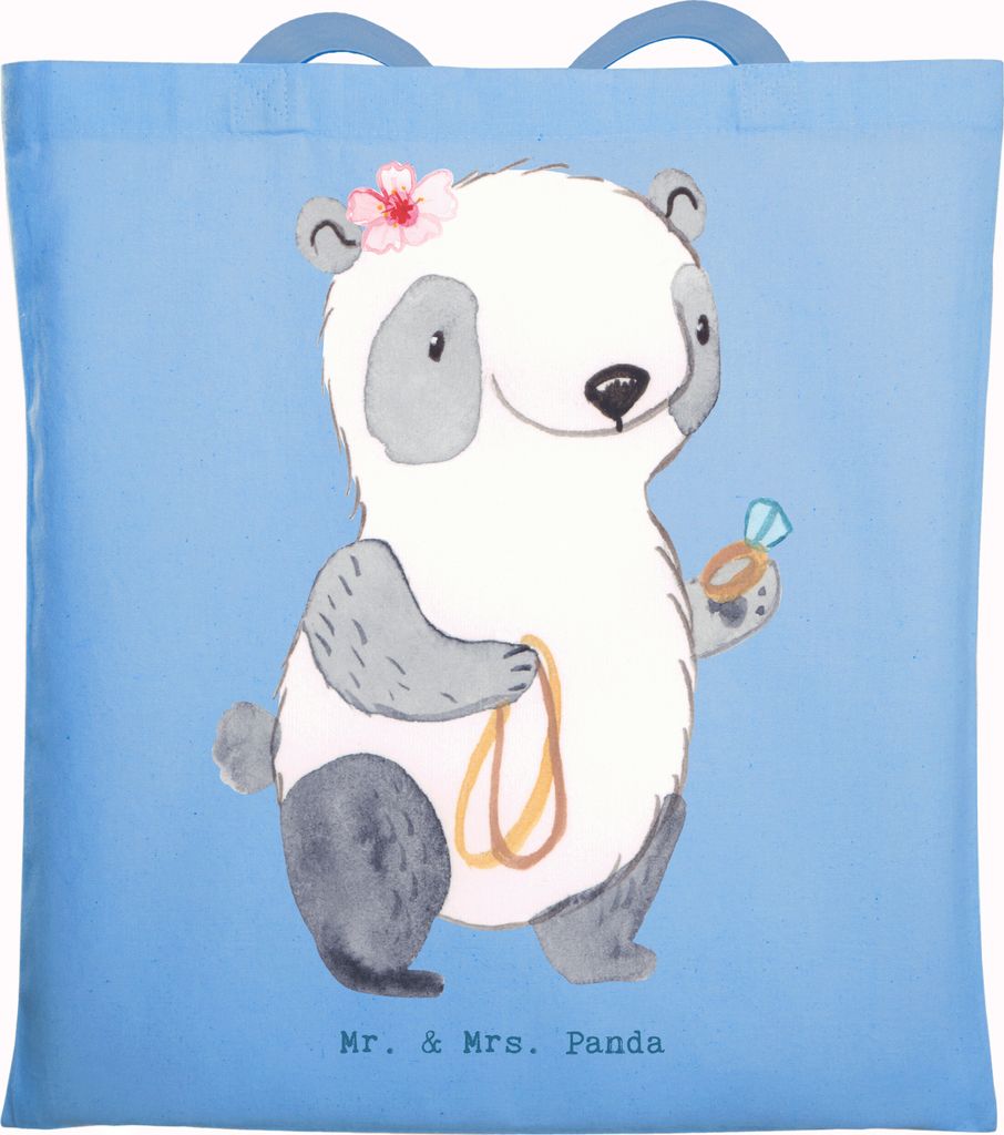 Mr. & Mrs. Panda Tote Bag Schmuckverkäuferin Herz - Sky Blue - Geschenk, Juwelier, Schultasche, Baumwollbeutel, Goldschmuck, Tasche, Shopping, Jut...