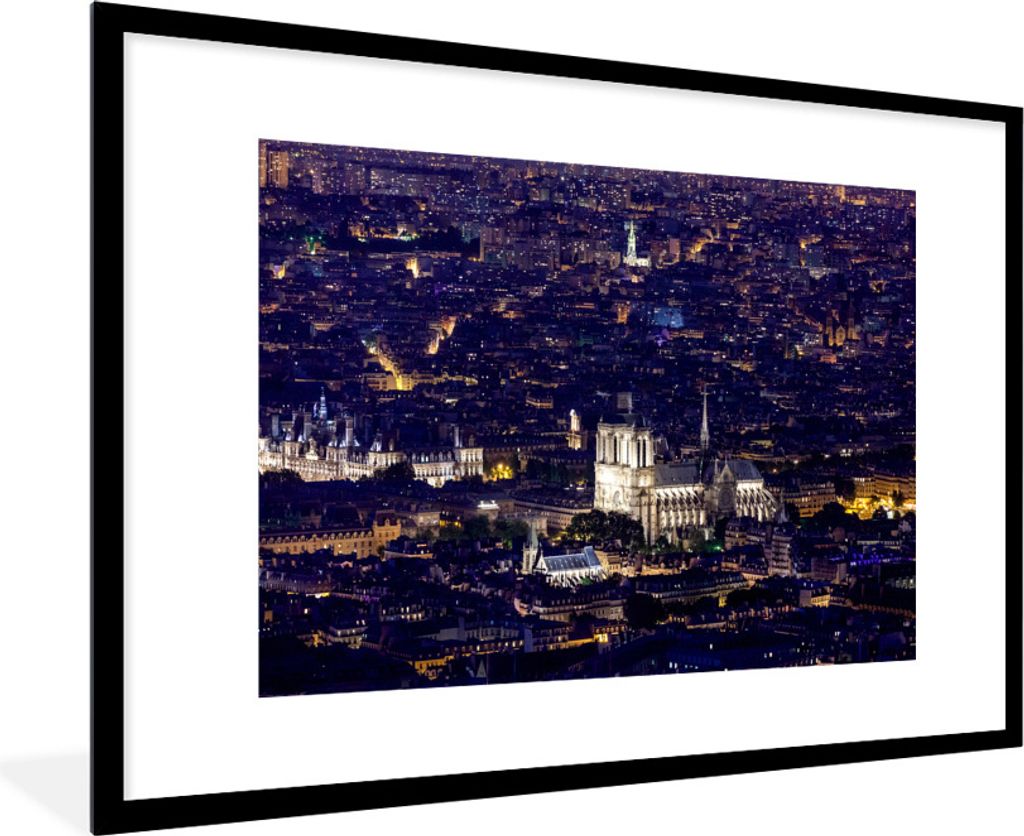 MuchoWow Gerahmtes Poster Panorama von Paris und Notre Dame 90x60 cm - Poster mit Schwarzem Bilderrahmen Wandposter Rahmen Foto Bilder - Wanddeko...