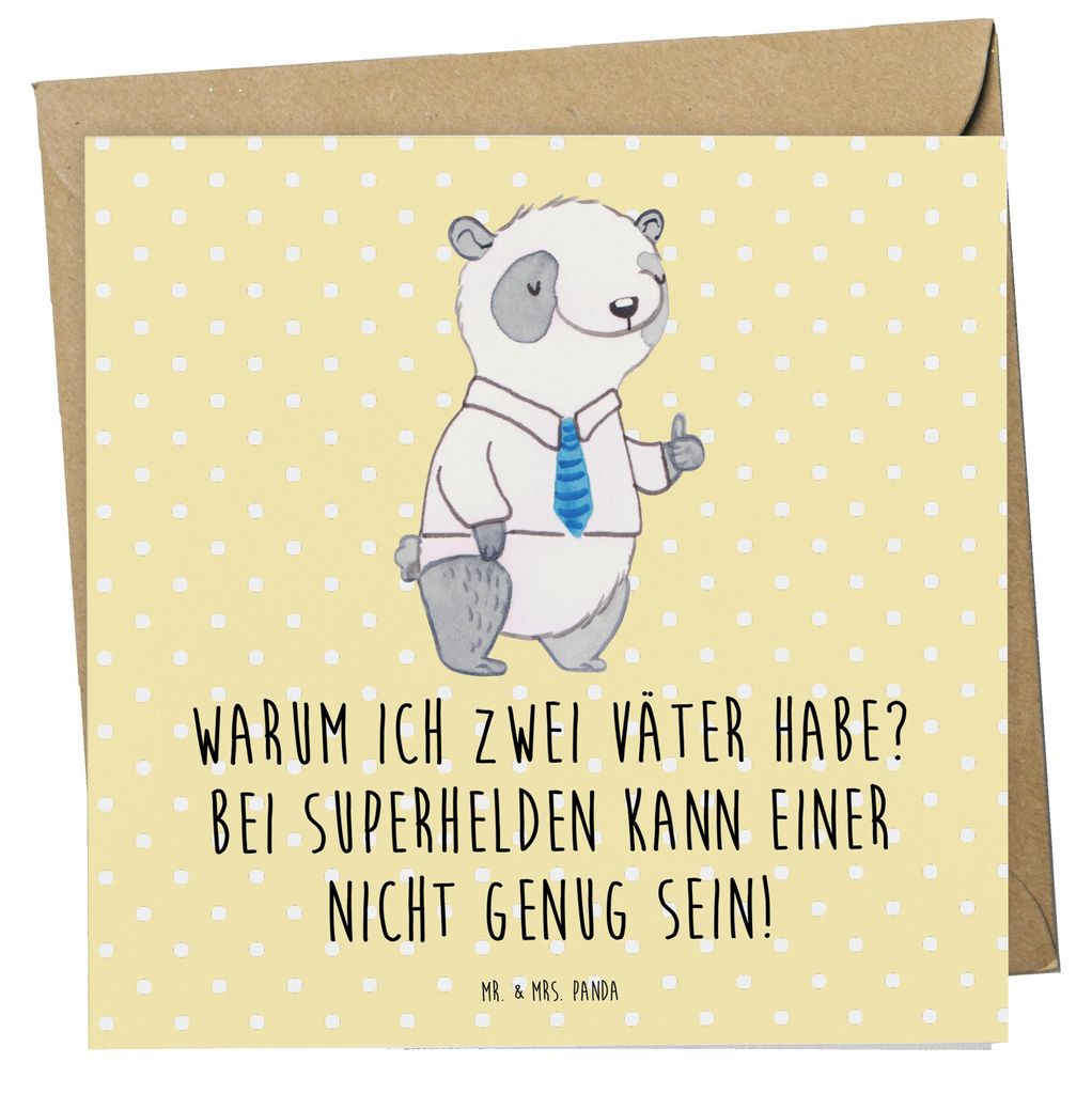Mr. & Mrs. Panda Grußkarte Superhelden Stiefvater - Gelb Pastell - Geschenk, Stiefkinder, Glückwunschkarte, faltkarte, Geschenke, Freude, anlassk...