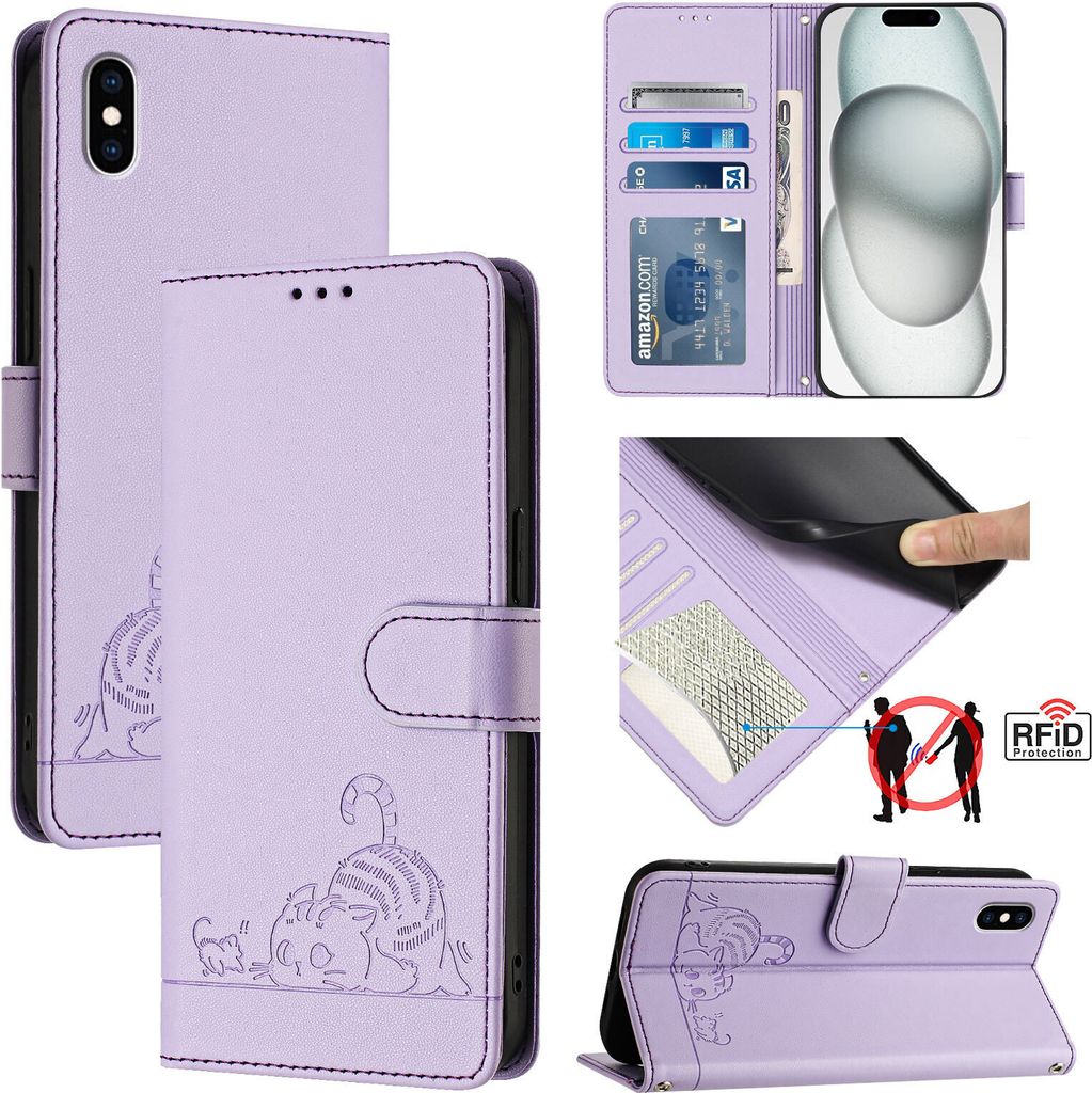 Leder Hülle für iPhone XS Max Süße Katze Flip Case Brieftasche Schutzhülle mit Standfunktion Lila