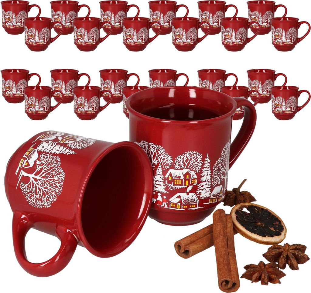 36er Set Glühweinbecher 0,2L rot Weihnachtslandschaft Keramik Glühweintassen geeicht