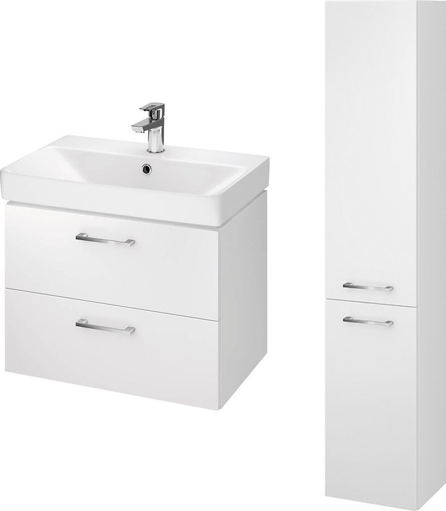 BADLAND Badmöbel Set LARA MILLE SLIM 60 Waschbecken-Unterschrank mit Hochschrank 150x30x25, 2-Türen, Weiß