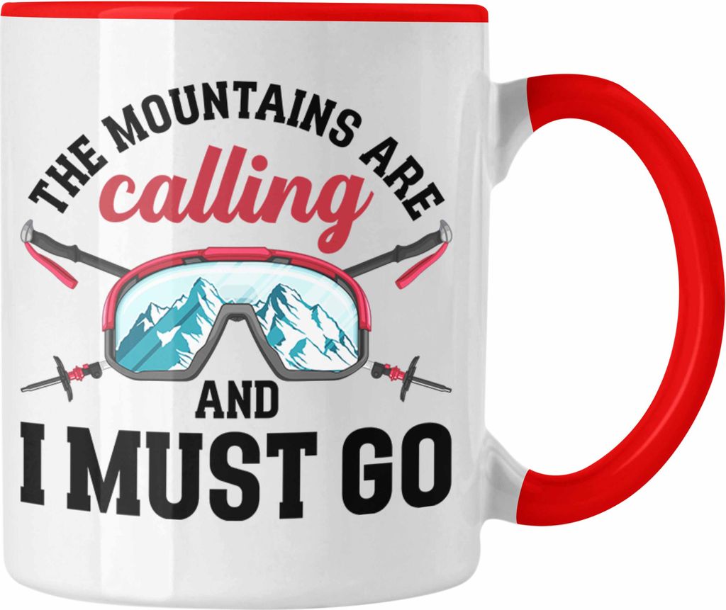 Trendation - The Mountains Are Calling Tasse Geschenk Kaffeetasse Wander Kaffeebecher Lustiger Sprüche Outdoor (Rot)