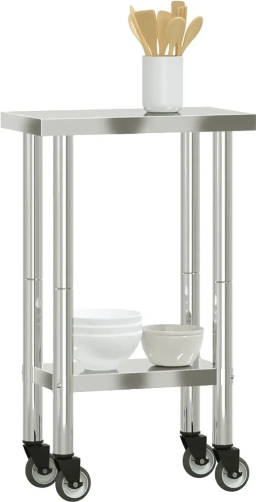 Table de travail compacte en acier inoxydable avec étagère et roues - 4