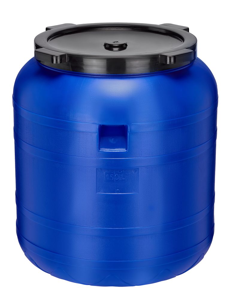 A blue plastic barrel with a black lid, shown against a white background.