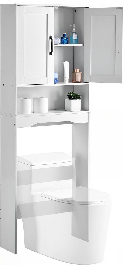 A white bathroom storage cabinet placed over a toilet.