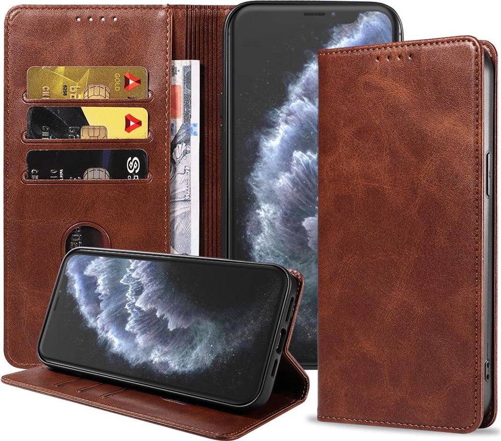 Smartphonica iPhone 11 Pro Kunstledertasche mit Magnetverschluss und Kartenhaltern Buchhülle - Dunkelbraun