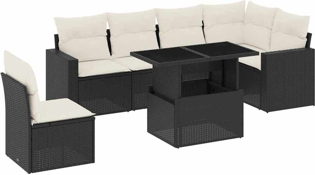 vidaXL 7-tlg. Garten-Sofagarnitur mit Kissen Schwarz Poly Rattan