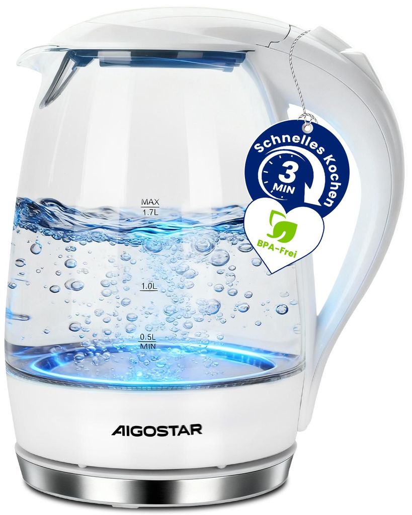 Aigostar Elektrischer Glas Wasserkocher mit LED-Beleuchtung, 2200 Watt, 1,7 Liter, kochtrocknender Schutz, BPA-frei, weiß
