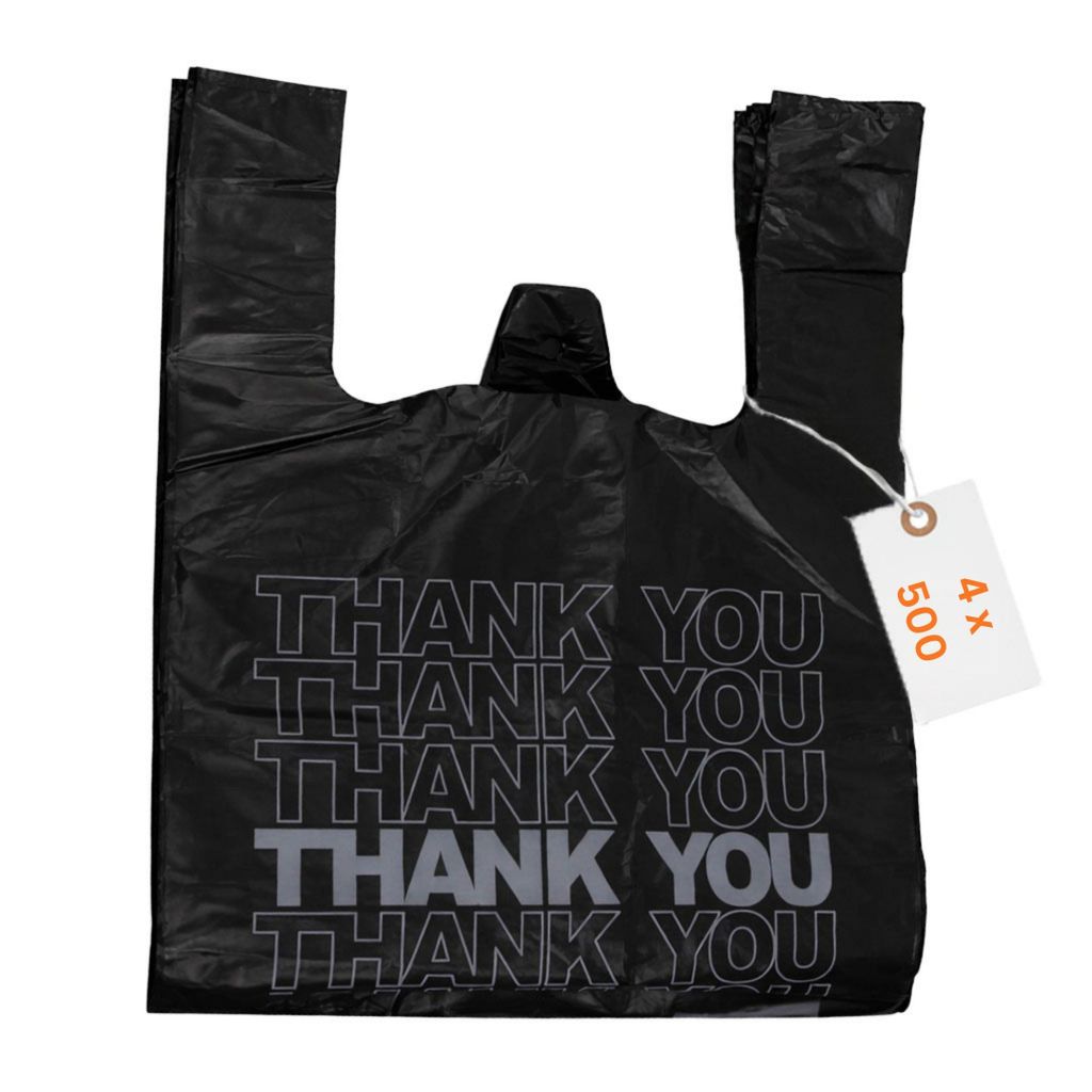 RyanPack Hemdchen-Tragetaschen MDPE 28+14x48 cm Schwarz 15μ – 2000 Stück (4x500) – Thank You T-Shirt Bags