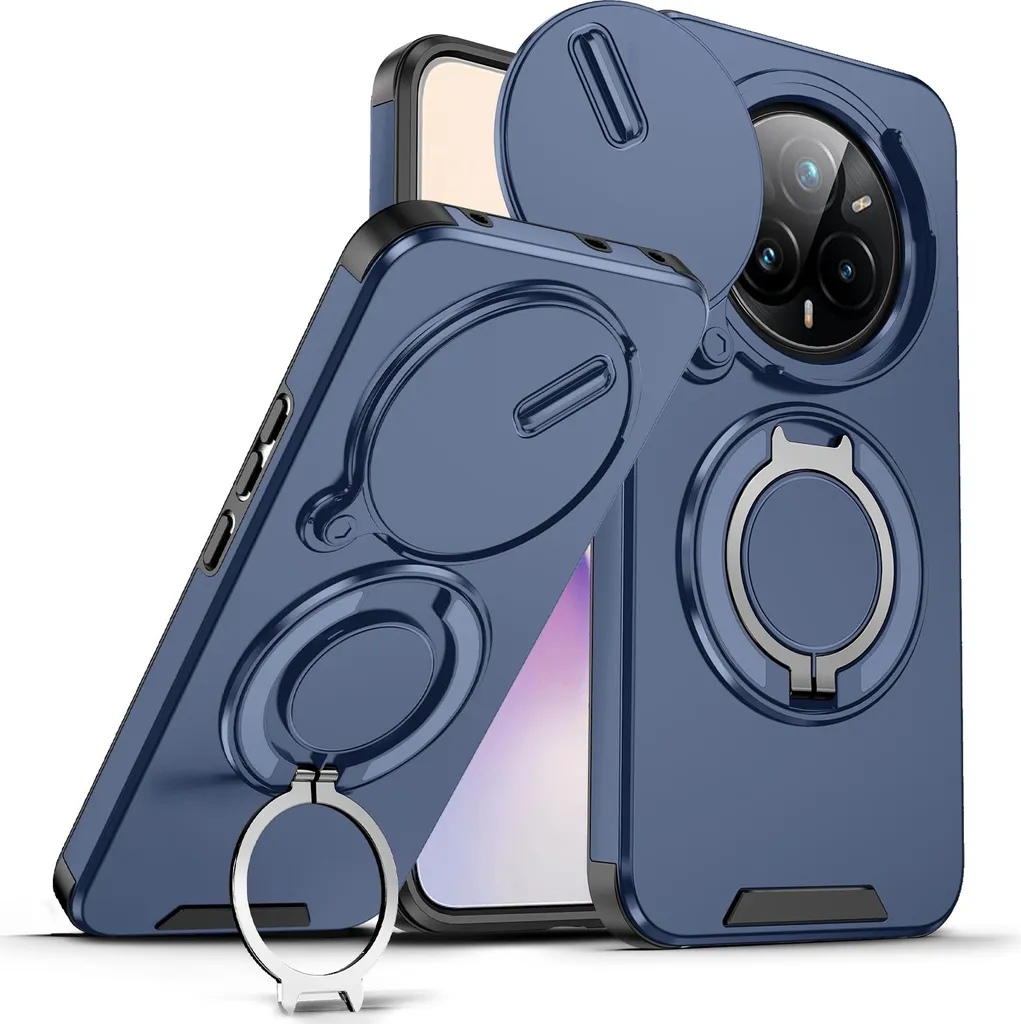 Custodia a doppio strato per Realme 14 Pro+, copertura scorrevole per la fotocamera e supporto ad anello magnetico Blu