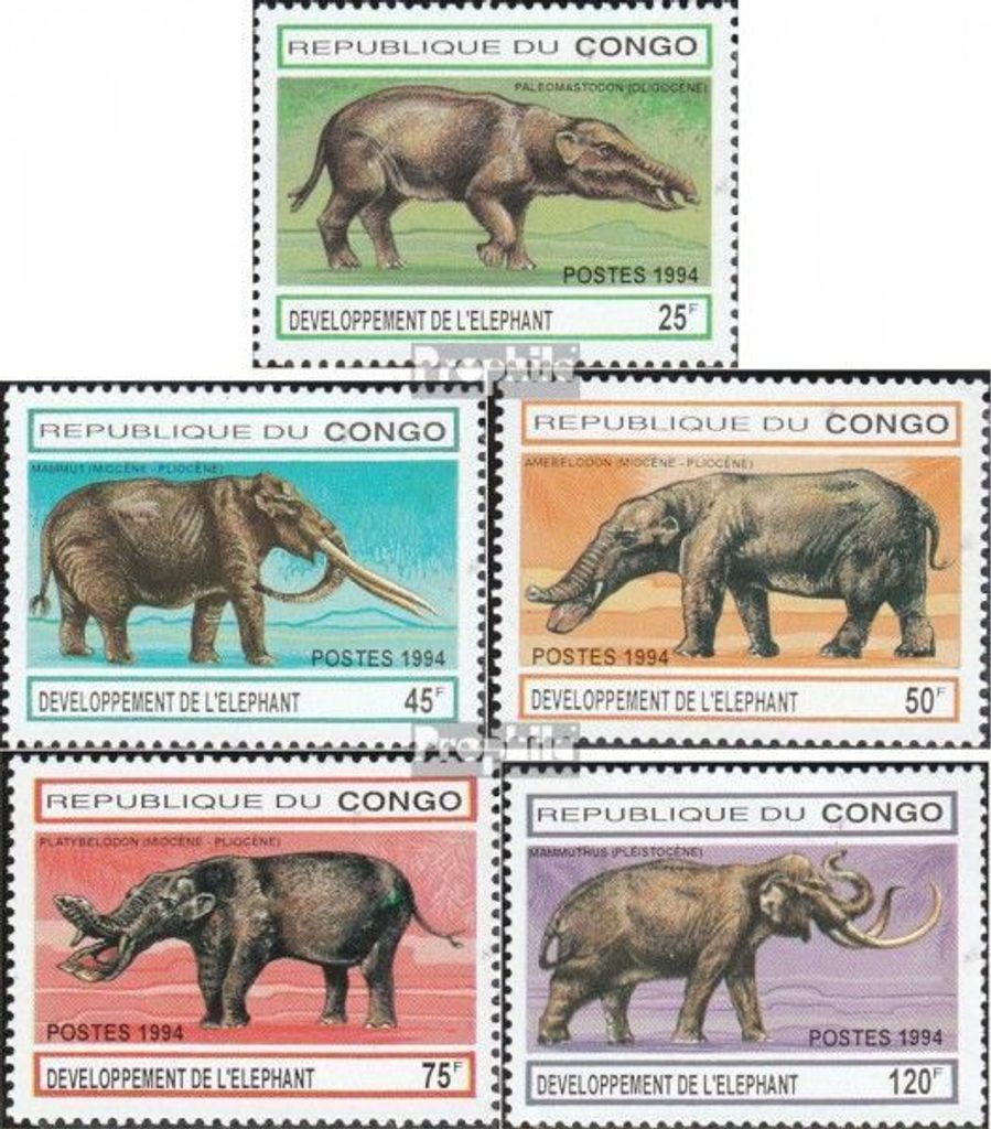 Briefmarken Kongo (Brazzaville) 1994 Mi 1412-1416 (kompl.Ausg.) postfrisch Entwicklungsgeschichte des Elefanten