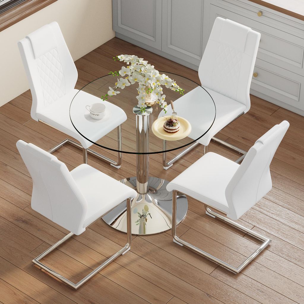 Modernes Esstisch-Set Rund Ø 85cm - Glastisch aus Sicherheitsglas mit 4 Kunstleder Stühlen - Platzsparende Essgruppe für Küche & Wohnzimmer