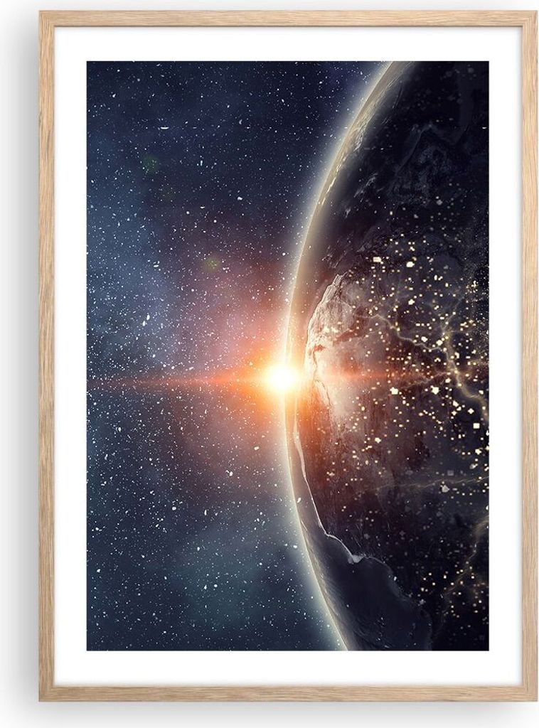 Gerahmtes Poster - Rahmen in heller Eiche - Kosmos Erde Sonne - 50x70 cm - Wand Bild - Wanddeko - Wandbilder - Wandposter - Bilderrahmen - Bilder -...