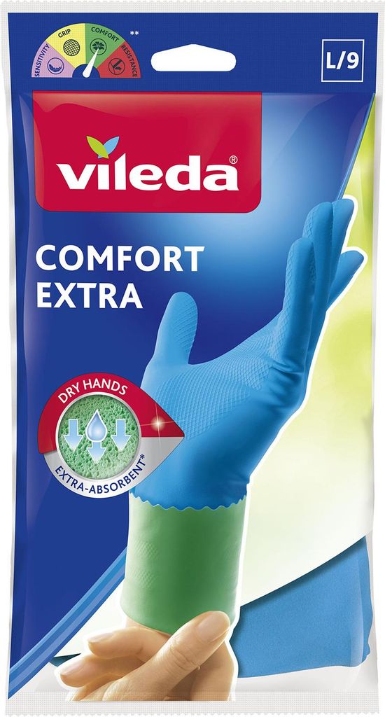 Packaging for Vileda Comfort Extra gloves, showing a hand wearing a blue glove with a green cuff.