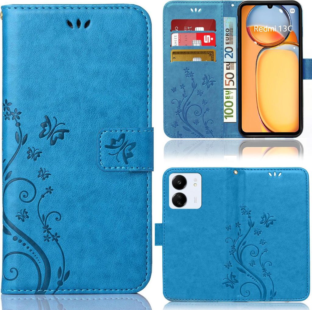 Handy Tasche für Xiaomi Redmi 13C Schutz Hülle Handyhülle mit Blumenmuster Klapp Hülle mit Standfunktion und Kartenfächer Farbe: Blau