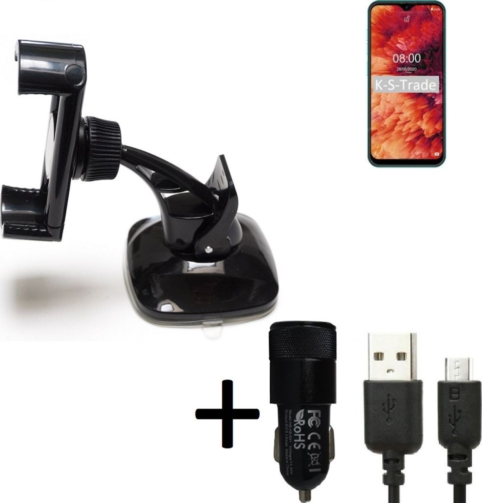 K-S-Trade Halterung kompatibel mit Ulefone Note 8P Windschutzscheibe / Armaturenbrett + LADEGERÄT mit Mico USB Kabel Autohalterung KFZ Halter