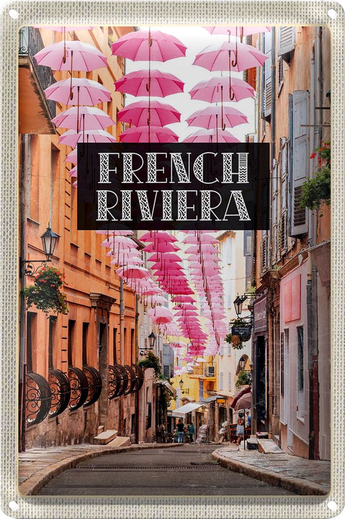 Blechschild Reise 40x30cm French riviera rosa Schirm Altstadt