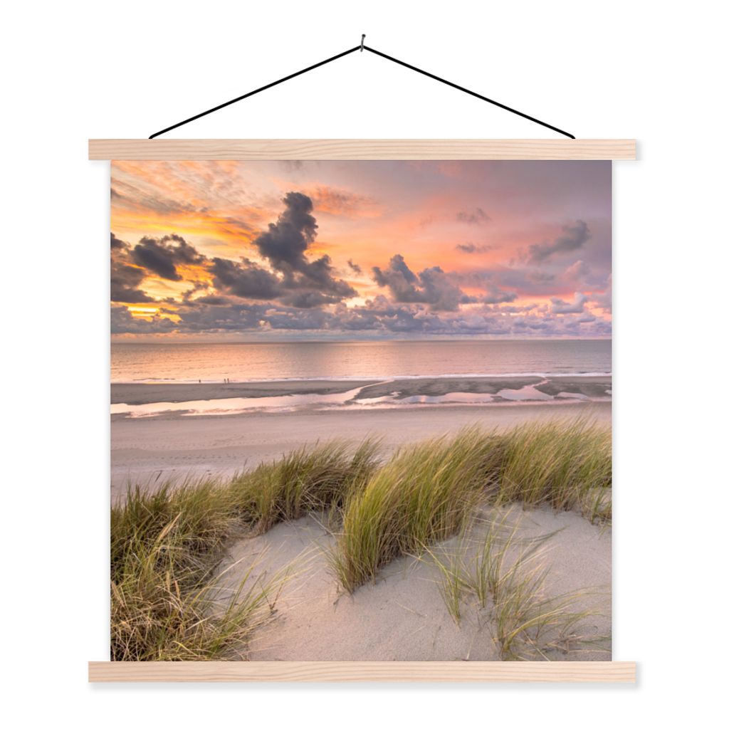 MuchoWow Textilposter Sonnenuntergang - Düne - Strand - Pflanzen - Meer 40x40 cm mit holzfarbenen Rahmen - Posterleiste
