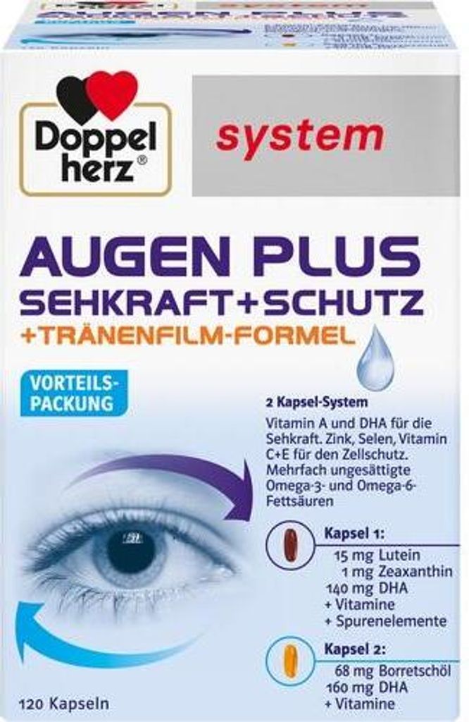 A product box for eye supplements, featuring an illustration of an eye and detailed information about the product's contents.