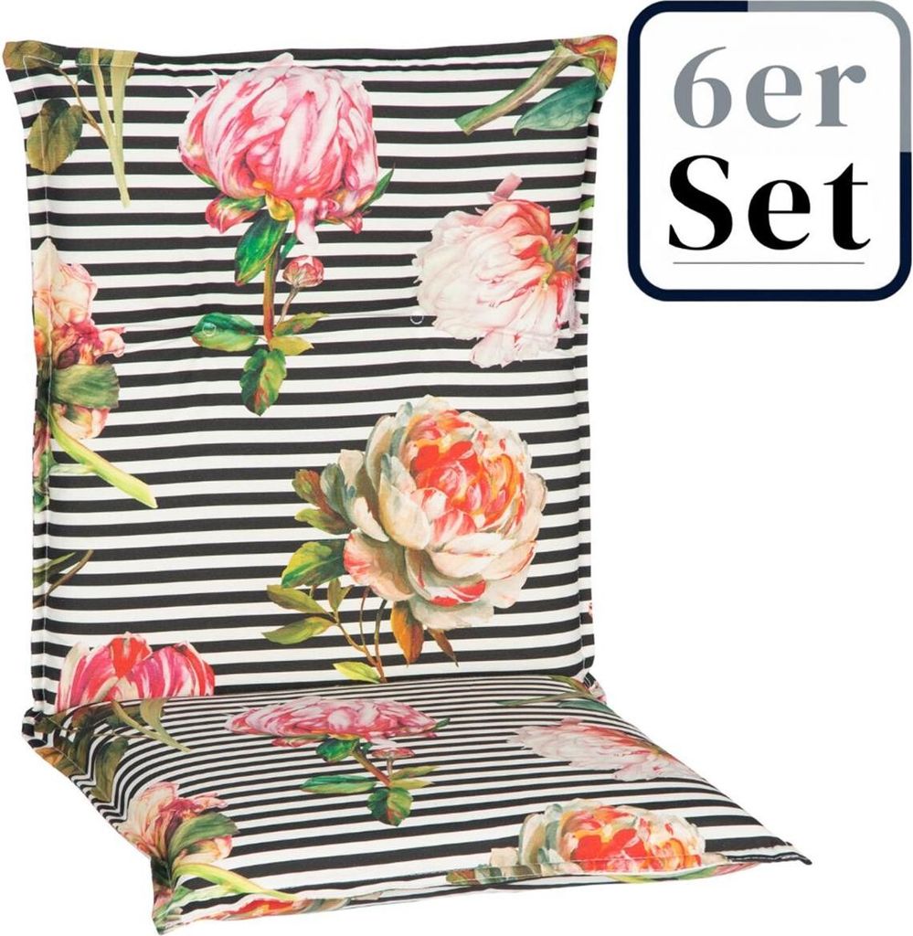 6er Set Niedriglehner Auflage Toronto, Motiv - gestreift mit Blumen, schwarz - weiss, 98x46x8cm