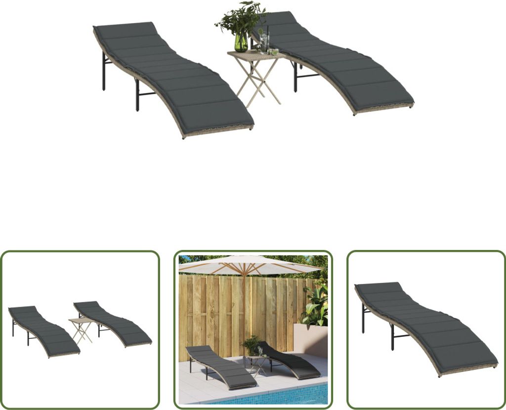 The Living Store Sonnenliegen 2 Stk. mit Tisch Hellgrau Poly Rattan