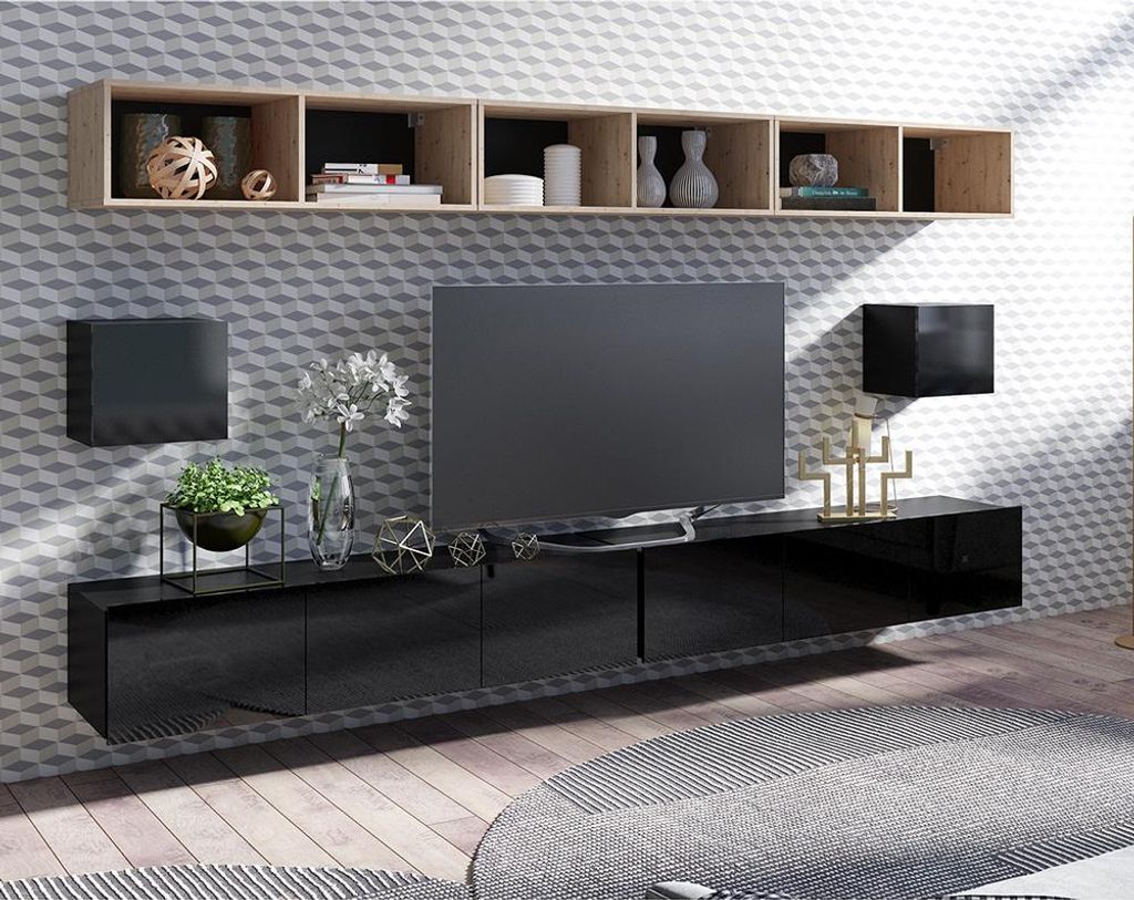Moderne Wohnwand in schwarz Hochglanz mit Artisan Eiche Nb. CAIRNS-132, B/H/T ca. 300/200/43 cm